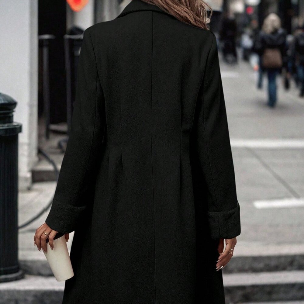 Black Casual Women's Lapel Neck Double Breasted Overcoat - Picture 2 of 6
